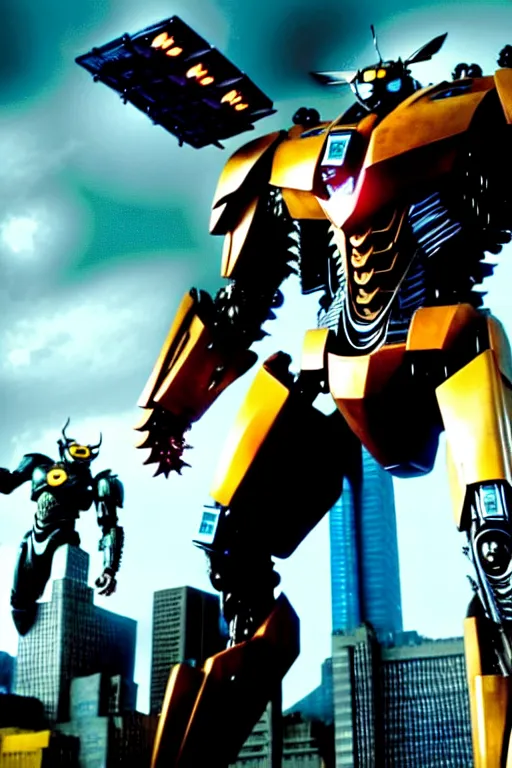 Prompt: movie still from pacific rim movie, bumblebee from pacific rim movie,