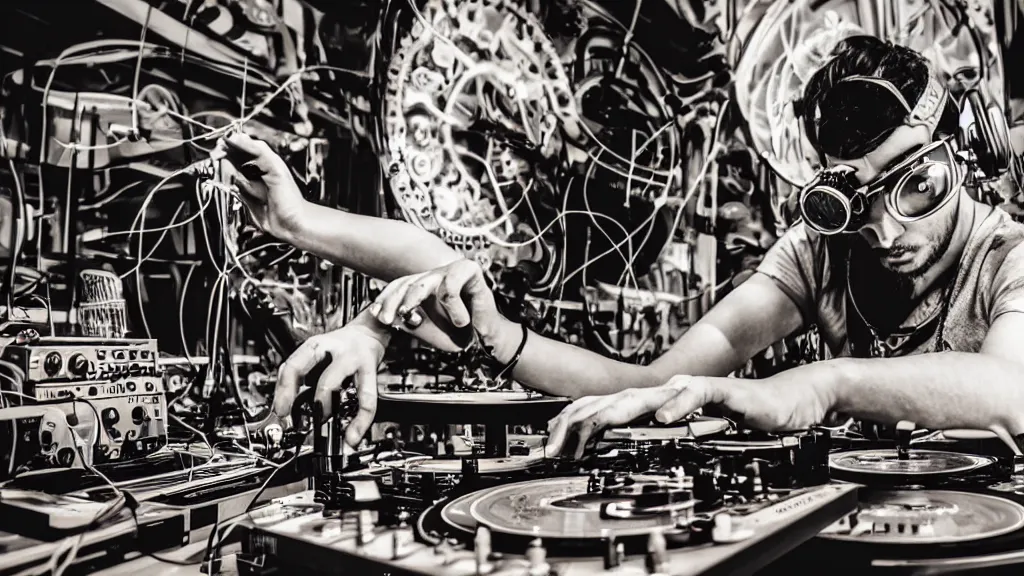 Image similar to a person wearing goggles and visor and headphones using a steampunk record player contraption, wires and tubes, turntablism dj scratching, intricate planetary gears, complex, cinematic, imax, sharp focus