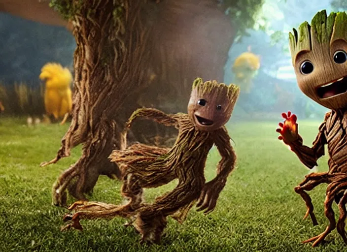 Image similar to film still of young groot having a dance party with a chicken in the new avengers movie, 4 k,