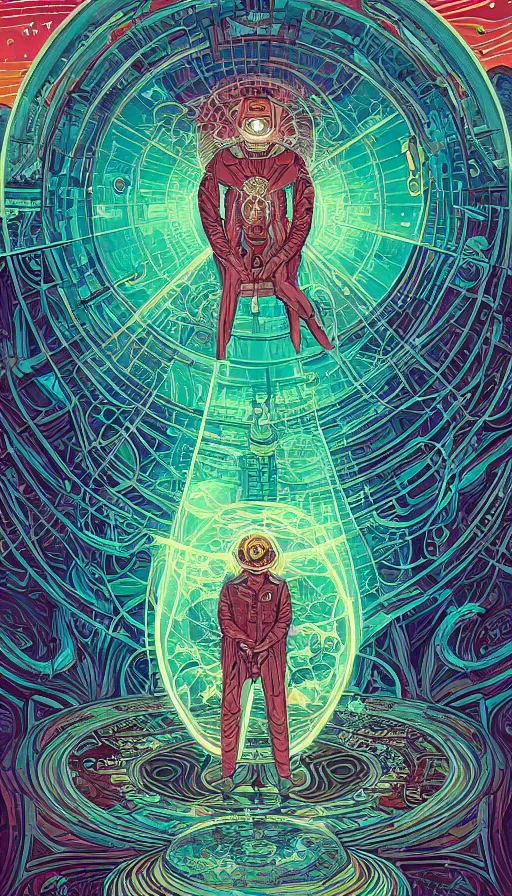 Image similar to the psychedelic adventures of the cosmic time traveller journeying through the ancient oracle of the cosmos, futurism, dan mumford, victo ngai, kilian eng, da vinci, josan gonzalez