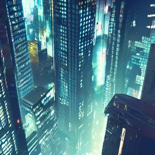 Prompt: looking outside from a penthouse suite at the top of the highest skyscraper in the middle of a cyberpunk city at night, neon lights, very detailed, flying cars, blade runner 2 0 4 9, trending on artstation