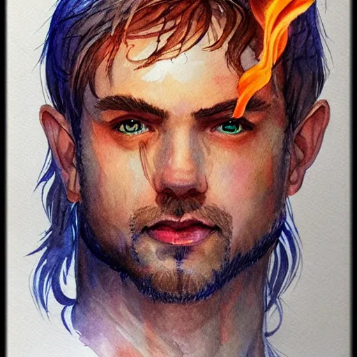 Image similar to water color art on paper, fire elf portrait, highly detailed, award - winning artstation, masterpiece