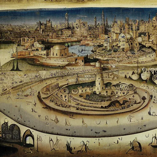 Image similar to circular city baghdad at abbasid caliphate age by hieronymus bosch,