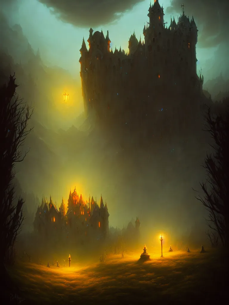Prompt: a necromancer's castle in a meadow by peter mohrbacher, moody lighting, fantasy art, grimdark, magic