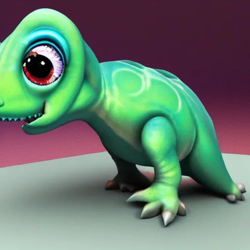 Image similar to a cute baby dinosaur with big eyes, 3d model, shaded, matte on canvas