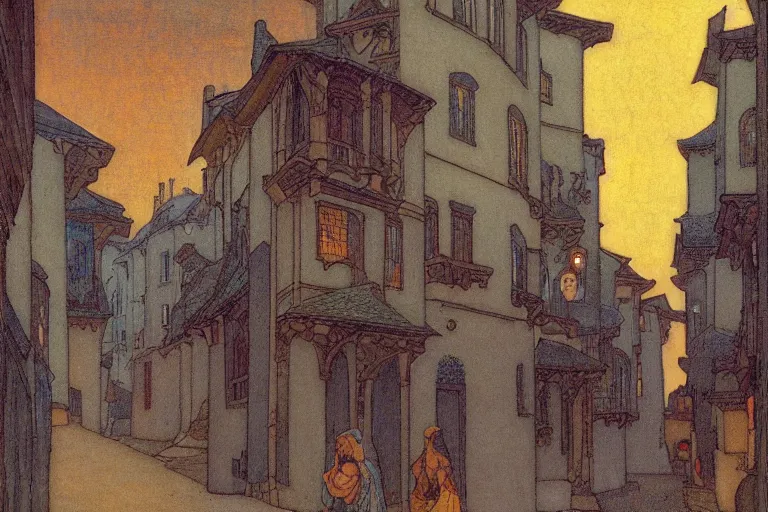 Image similar to winding street at twilight in a very old city by Edmund Dulac and Nicholas Roerich and jean delville, glowing paper lanterns, strong dramatic cinematic lighting , ornate tiled architecture, lost civilizations, smooth, sharp focus, extremely detailed