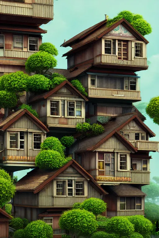 Prompt: stacked houses, solarpunk, studio ghibli, jean - baptiste monge, octane render, 4 k