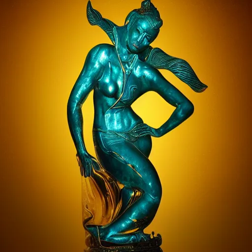 Image similar to romantistic portrait, painting, teal chinese abstract statue shattered standing in god rays, beautiful female body and golden glue dripping acrylic portrait, mechanical superstructure, sacred geometry, supermodel body, beautiful light, statue of carving marble, intricate 8 k render, dark mood, cinematic light, golden spirals, clockwork