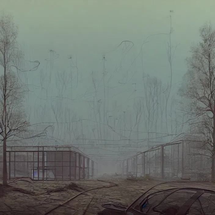 Prompt: a beautiful painting of pripyat by simon stalenhag and zdzisław beksinski and rene magritte, in style of digital art. hyper detailed, sharp focus, soft light. unreal engine 5. ray tracing. trending on artstation