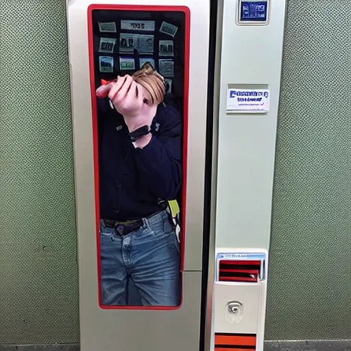 Prompt: newspaper photo of me with my arm stuck into a vending machine up to my elbow, i am sobbing as firemen try to rescue me