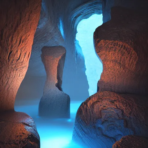 Image similar to light is mine to travel,beyond time ,the cathedrals in a canyon grotto of life the beginning , geological strata,ground mist, falling water,pools of water, hypermaximalist,micro details, 3d sculpture,,digital rendering,octane render , 4k, artstation, concept art , f22,deep depth of field,photographic, wide angle,cinematic lighting
