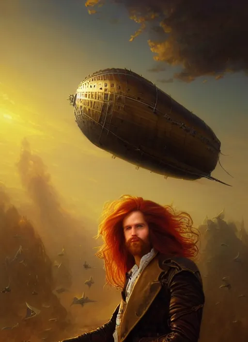 Prompt: portrait painting of a handsome face rugged long hair crimson hair male captain, top half portrait soft hair steampunk ornate mechanical zeppelin blimp airship in the background sky sunset golden hour fantasy soft hair deviantart book cover art dramatic volumetric lighting art by wlop greg rutkowski gaston bussiere