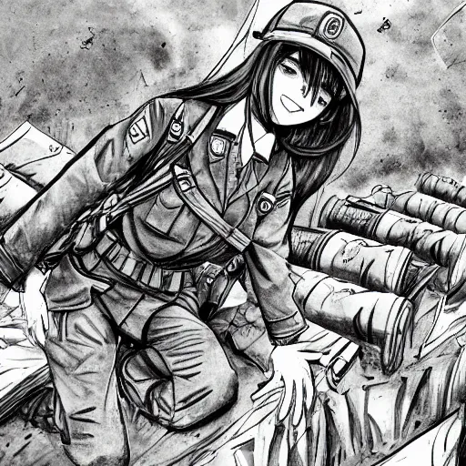 Image similar to manga style, g pen line art, portrait of a girl under artillery fire, trench sandbags in background, soldier clothing, long hair, hair down, symmetrical facial features, 4 koma, empty text balloons, trending pixiv, black patterns, by professional mangaka