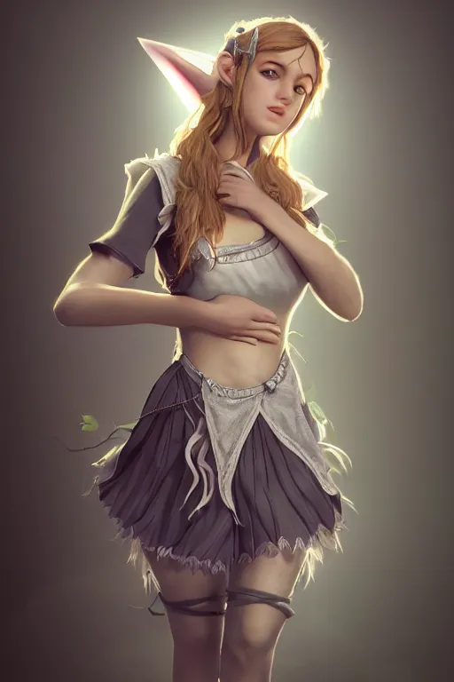 Image similar to photorealistic full body portrait of the cutest elven maid, dynamic lighting, ray tracing, cinematic, hyperrealism art, fantasy and concept art