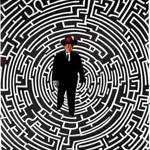 Image similar to A suited man in a hat, standing in the middle of a circular head-shaped maze labyrinth, overhead shot, wide shot, painting, stylistic, art by Norman Rockwell