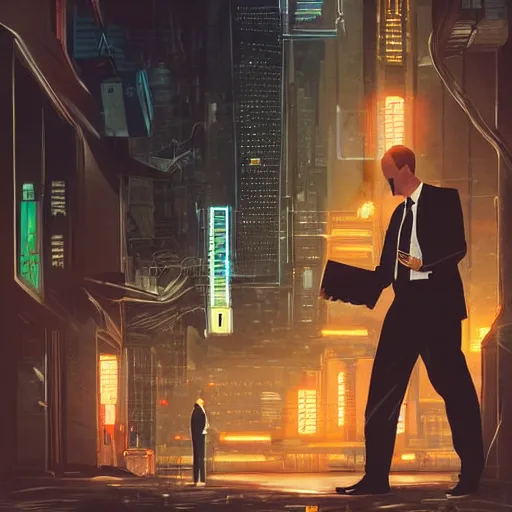 Prompt: portrait of a businessman handing the viewer a briefcase, detailed digital illustration by greg rutkowski, cyberpunk back alley, nighttime