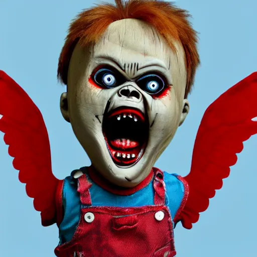 Image similar to screaming chucky doll with hummingbird wings