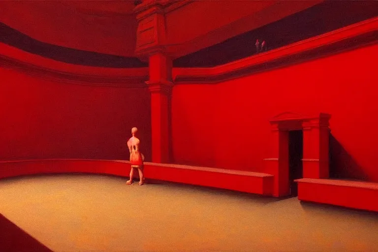 Image similar to only with red, crowd screaming, an exposed painting in a roman theater, in the style of beksinski, parts by edward hopper, parts by rodcenko, parts by yue minjun, intricate and epic composition, red by caravaggio, insanely quality, highly detailed, masterpiece, red light, artstation, 4 k