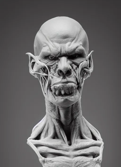 Image similar to a bust sculpture of anatomical detailed gray orc, alberto fujimori, green blood, become human, ceramic base, orthographic, studio lighting