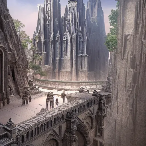 Prompt: stunning city of stone inside a gray granite canyon, fusion of star wars and gothic revival architecture, by marc simonetti, natural volumetric lighting, realistic 4k octane beautifully detailed render, 4k post-processing,