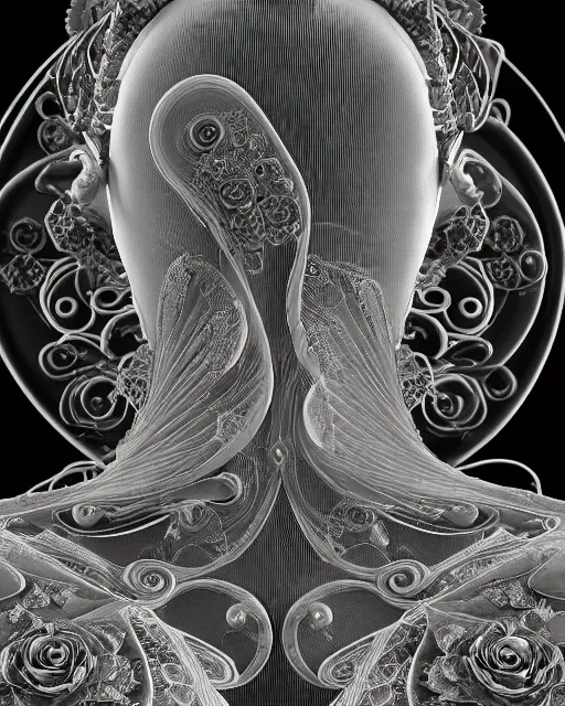 Image similar to mythical dreamy black and white organic bio-mechanical spinal ribbed profile face portrait detail of translucent steampunk beautiful siamese females angelic-human-queen-vegetal-cyborg, highly detailed, intricate trnaslucent ivy jelly ornate, poetic, translucent roses ornate, 3D render, digital art, octane render, 8K artistic photography, photo-realistic, by Dora Maar