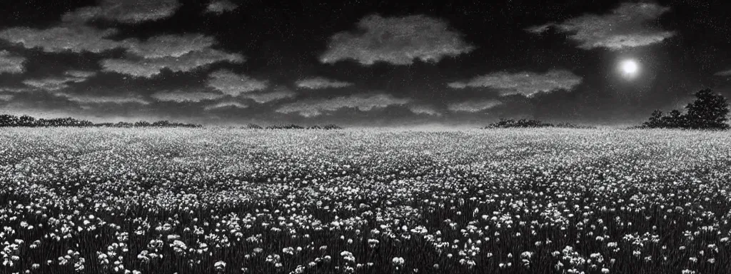 Image similar to A serene flower field at night by Kentaro Miura, highly detailed, black and white