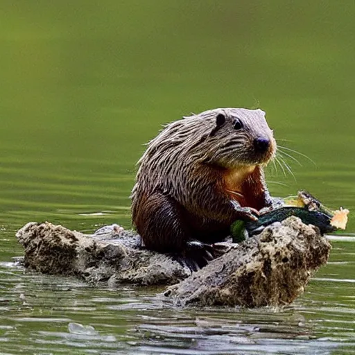 Prompt: “ a beaver eating a frog, animated ”