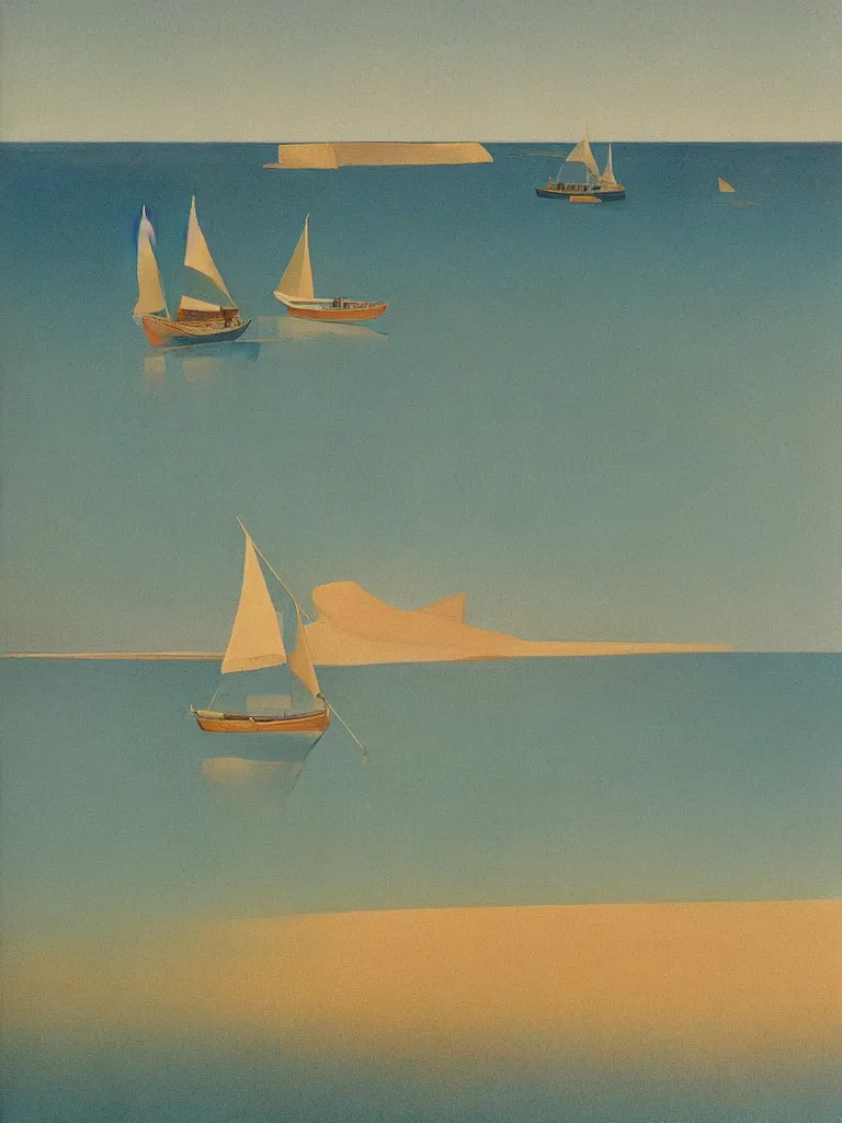 Image similar to a neo retro poster a boat near dune du Pilat, australian tonalism, pale gradients design, matte drawing, clean and simple design, outrun color palette. painted by Morandi, Agnes Pelton