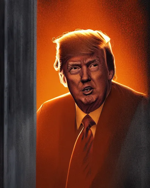 Prompt: a head and shoulders portrait of Donald trump wearing orange prison clothing holding a bible standing in a filthy concrete jail In a maximum security prison, dimly lit, volumetric lighting,, craig mullins octane, 8k,