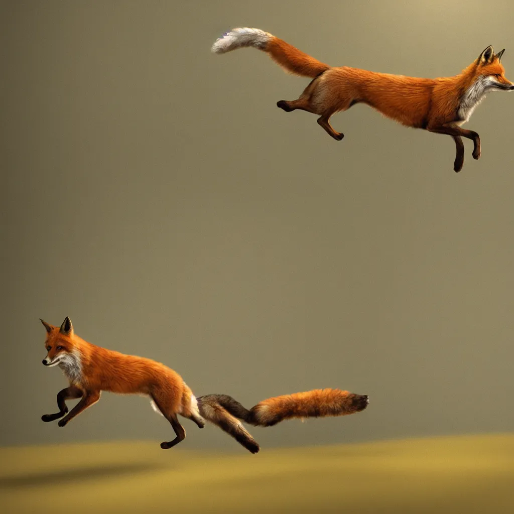 Prompt: fox flying through landscape, concept art, cinematic lighting