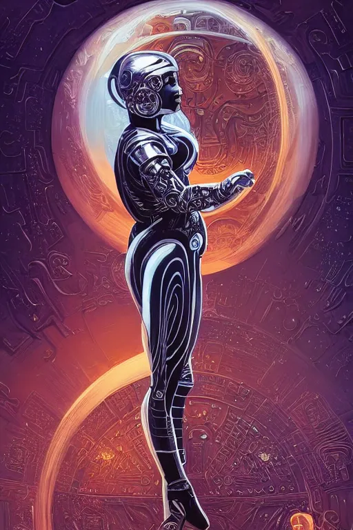 Prompt: retro-futuristic portrait of a beautiful female android in dusty chrome armour, dancing pose, ornate background, ornate pattern, glowing eyes, evil expression, high details, intricate details, renaissance style, painting by vincent di fate, artgerm julie bell beeple, 80s, Smooth gradients, High contrast, depth of field, very coherent symmetrical artwork