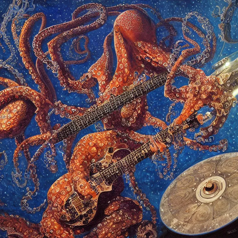 Image similar to a beautiful vinyl cover by donato giancola of an octopus playing drums and telecaster guitar in an electronic concert, dark background, concert light, dark mood, cold blue lights