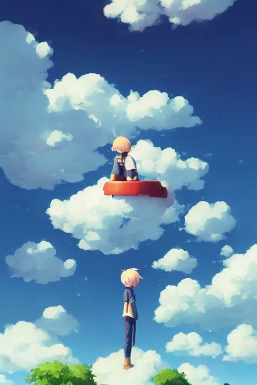 Prompt: a very cute dango daikazoku, by rhads, makoto shinkai and lois van baarle, johannes voss, low angle fisheye view, sky whith plump white clouds, elegant, highly detailed, artstation, 8 k, unreal engine, hdr, concept art, volumetric lighting matte