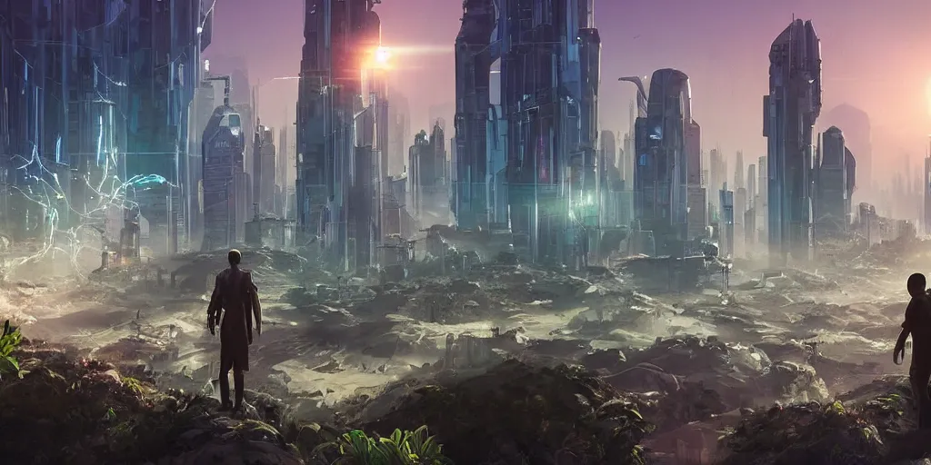 Image similar to a cinematic composition depicting : a translucid crystal - being viewing how a high tech lush solarpunk tribe with their technology is encroaching on a distant cyberpunk world with white clad buildings at sunrise