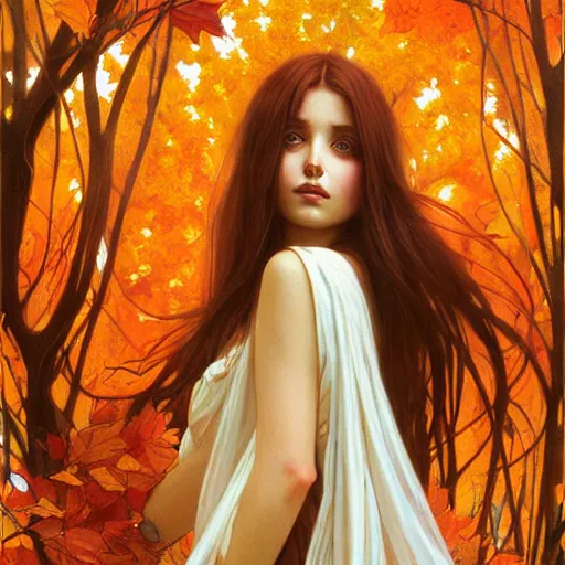Prompt: girl with super long hair, hair becoming autumn red leaves, digital painting, symmetric, art by artgerm and greg rutkowski and alphonse mucha