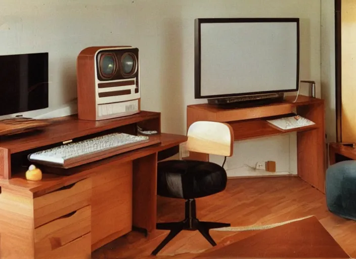 Image similar to 1 9 8 0 s living room with wood panel walls with apple iie computer in the corner on a roll - top desk and television on top