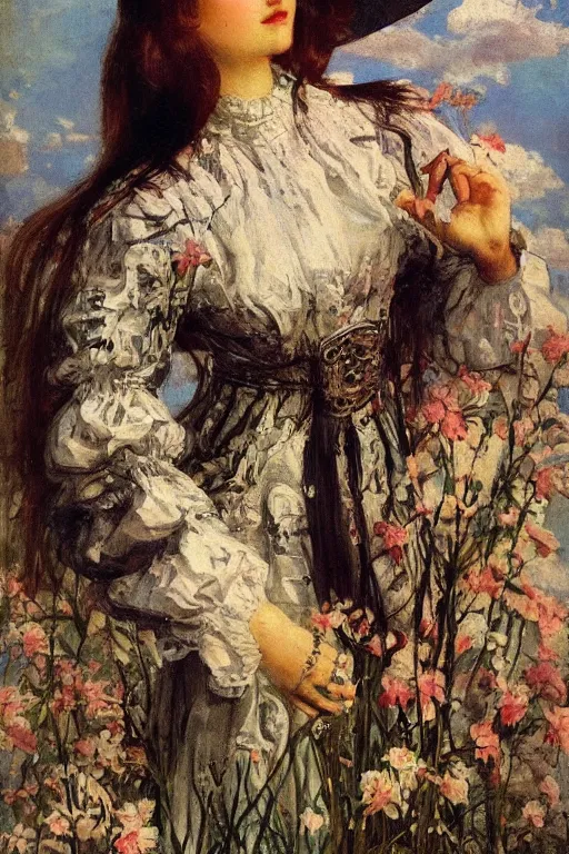 Image similar to close - up fashion woman portrait airy flowers clouds art by vasnetsov