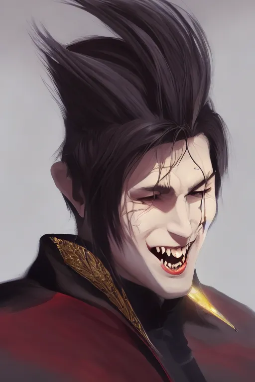 Prompt: beautiful painting of a smug smiling male vampire by kuvshinov Ilya, handsome face, dark coat, white hair, golden eyes, , trending on artstation, pixiv, 4k, HDR, unreal engine