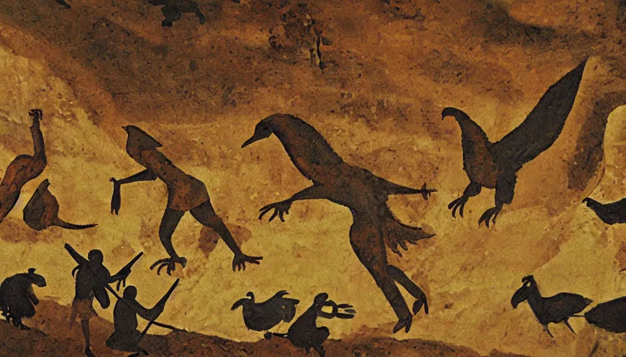 Image similar to neolithic cave painting of patapons fighting a giant bird, 4 k, history channel, psp, japan studio game, art by rolito, high quality