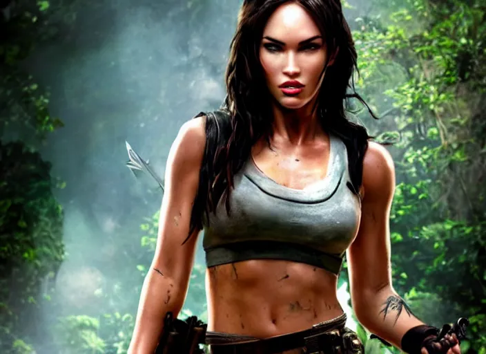 Prompt: megan fox as lara croft, magic and fantasy, highly detailed face, specular reflection, occlusion shadow, intricate, bokeh, masterpiece