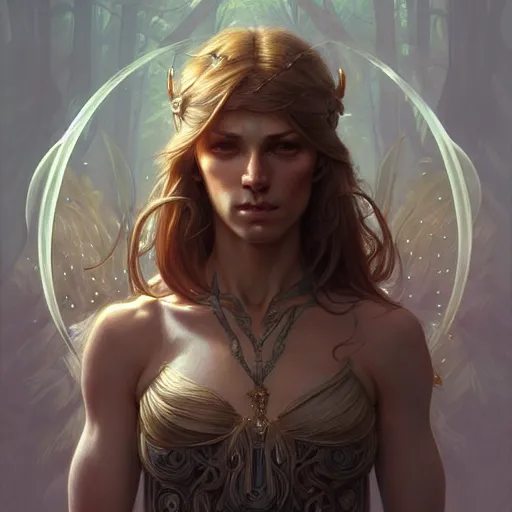 Image similar to portrait of forest gog, female, clear face, masculine, full body, muscular, fantasy, intricate, elegant, highly detailed, digital painting, artstation, concept art, matte, sharp focus, illustration, art by artgerm and greg rutkowski and alphonse mucha