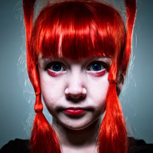 Prompt: A head and shoulders portrait of an adorable creepy horror girl with red hair in pigtails, eerie, dim lighting, 4K HD, professional portra 400 photograph