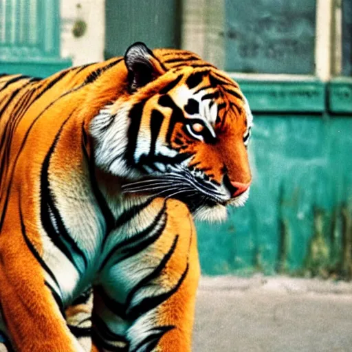 Image similar to 9 0 s photography of a tiger smoking pot in the streets