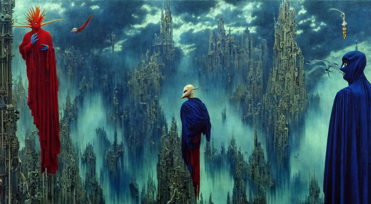 Image similar to realistic detailed portrait movie shot of a birdman wearing dark robes, sci fi city landscape background by denis villeneuve, amano, yves tanguy, alphonse mucha, ernst haeckel, max ernst, roger dean, masterpiece, rich moody colours, blue eyes, occult