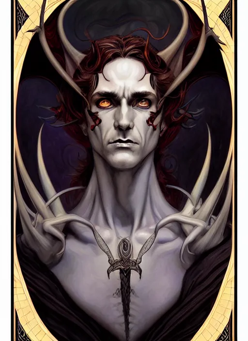 Image similar to an art nouveau, evil dragon man portrait in the style of charlie bowater, and in the style of donato giancola, and in the style of charles dulac. very large, clear, expressive, intelligent eyes. symmetrical, centered, ultrasharp focus, dramatic lighting, photorealistic digital painting, intricate ultra detailed background.