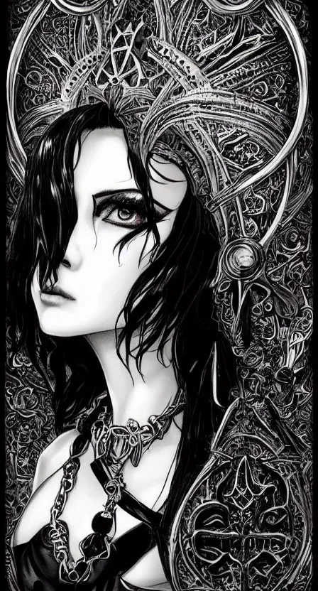 Image similar to portrait of a beautiful goth woman, ankh necklace, black hair by chris bachalo, aly fell and artgerm, heavenly light, ink drawing, illustration, concept art, fine lines, intricate detail, hyper detailed, gothic, neo-gothic, trending on artstation