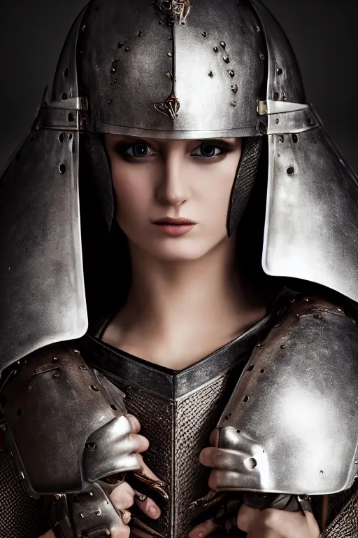 Image similar to glamour medieval female knight, designed by gucci, luxury materials, symmetrical, cinematic, elegant, professional studio light, real dlsr photography, sharp focus, 4 k, ultra hd, sense of awe, medieval high fashion