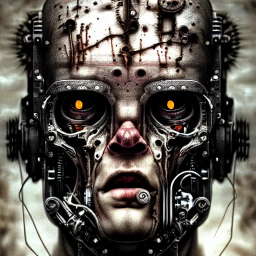 Image similar to ultra realist intricate detailed horror portrait of a single rugged cyborg male, accurate features, industrial, apocalyptic, very intricate details, 8 k resolution, dramatic lighting, artstyle alex ries and zdzisław beksinski, award winning