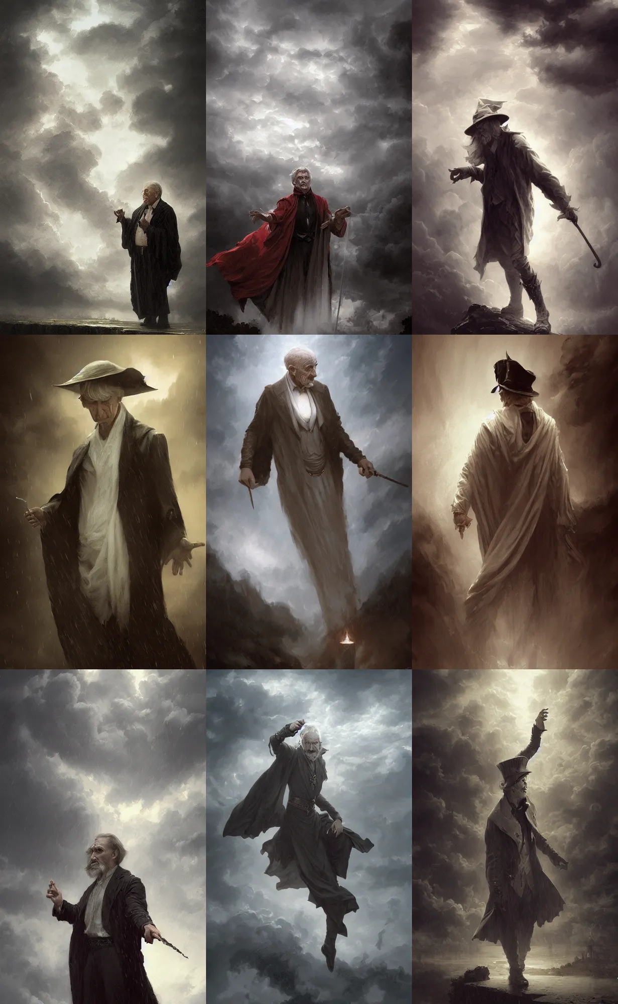 Prompt: old male magician, ghost, dark fantasy, clouds, rain, wind, intricate, highly detailed, artstation, illustration, jurgens, rutkowski, bouguereau