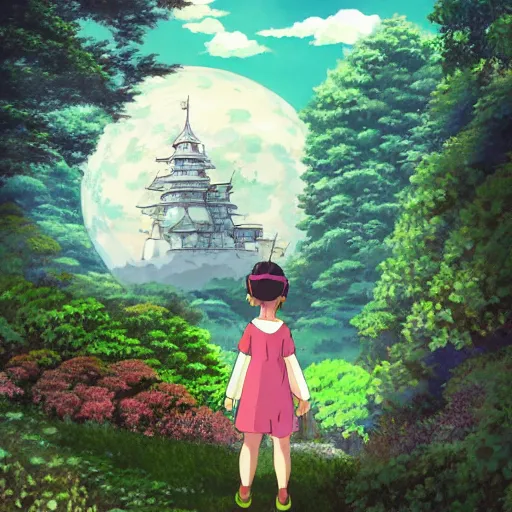 Image similar to in studio ghibli, moving castle, photo hyperrealistic, 3 d render, unreal, forest with detail, 8 years old little girl, dreaming with beautiful sky, aurora, supernova